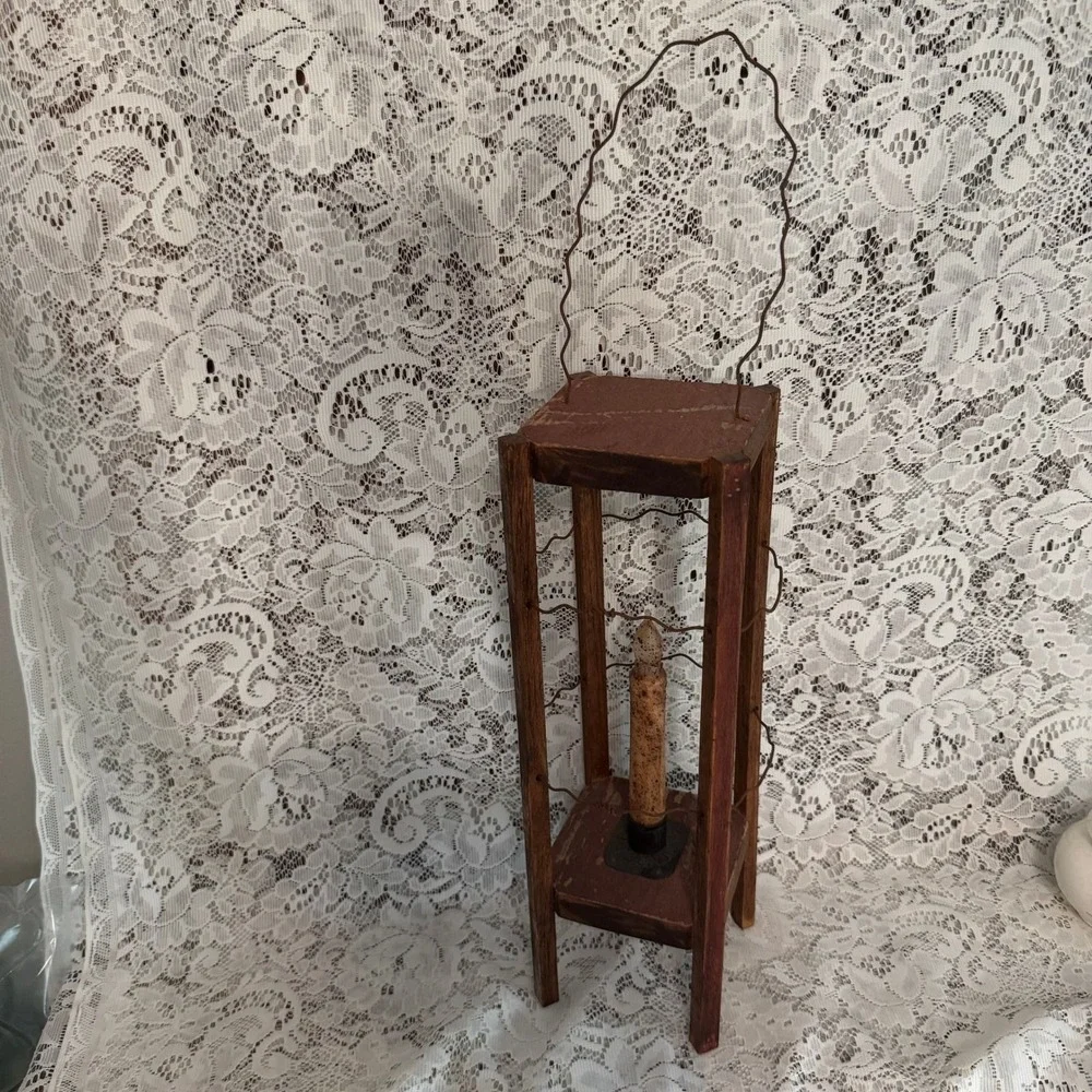Primitive Wood and Wire Lantern with Faux Taper Candle Rustic Folk Art Farmhouse